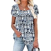 BETTE BOUTIK Womens Summer Tops Short Sleeve Pleated Square Neck Tunics Shirts Blouses S-3XL