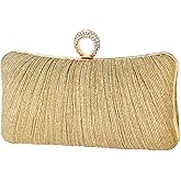 Womens Golden Glitter Clutch Purse Pleated Evening Bag for Bridal Wedding Party with Rhinestone Ring