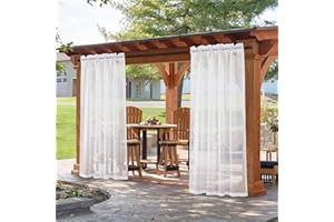 DEARTOWN Outdoor Linen Sheer Curtains for Patio Waterproof, 2 Panels Rod Pocket Indoor/Outdoor White Sheer Curtain for Pergola, Porch, Cabana and Gazebo，52 x 84 Inch
