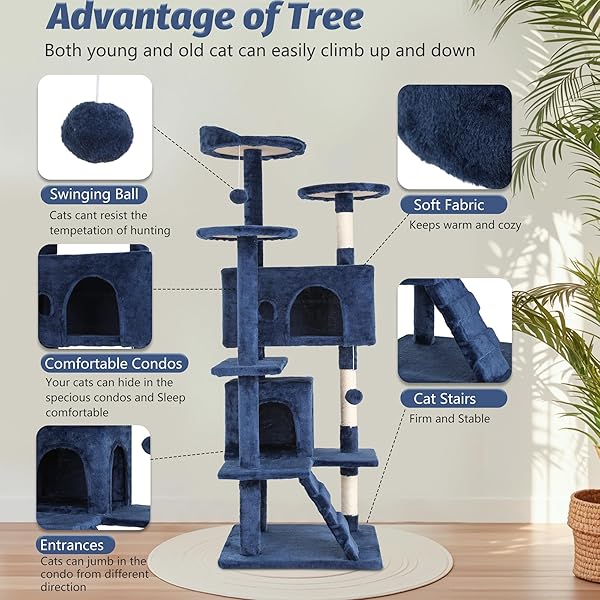 FDW | 54″ CAT TREE TOWER | DARK BLUE | MULTI-LEVEL INDOOR ACTIVITY CENTER WITH SISAL SCRATCHING POSTS, CONDOS, PLUSH PERCHES, HANGING CAT TOYS | STURDY, EASY TO ASSEMBLE | FOR KITTENS & ADULT CATS