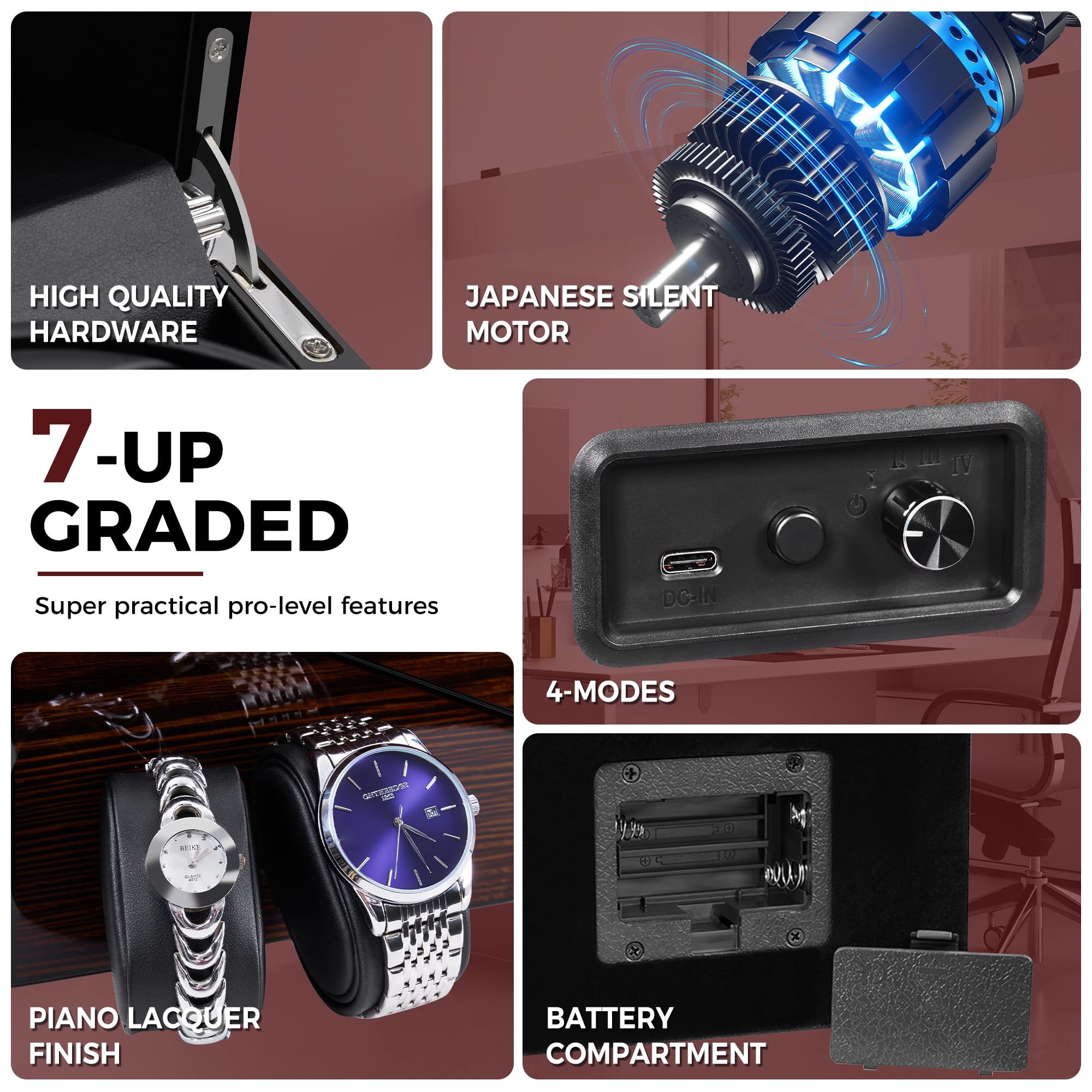 ANWBROAD Watch Winder for Automatic Watches Double with Super Quiet Motor Flexible Watch Pillows LED Backlight Wooden 5 Modes Battery or Type-C Adapter UJWW001Y