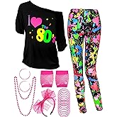 Blulu 80s Women Costume Set, Lips Print off Shoulder T-shirt, Geometric Legging Pants Earring Necklace Gloves Bracelet