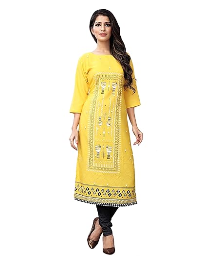 Women's Yellow Heavy Crepe Knee Long Straight Kurti