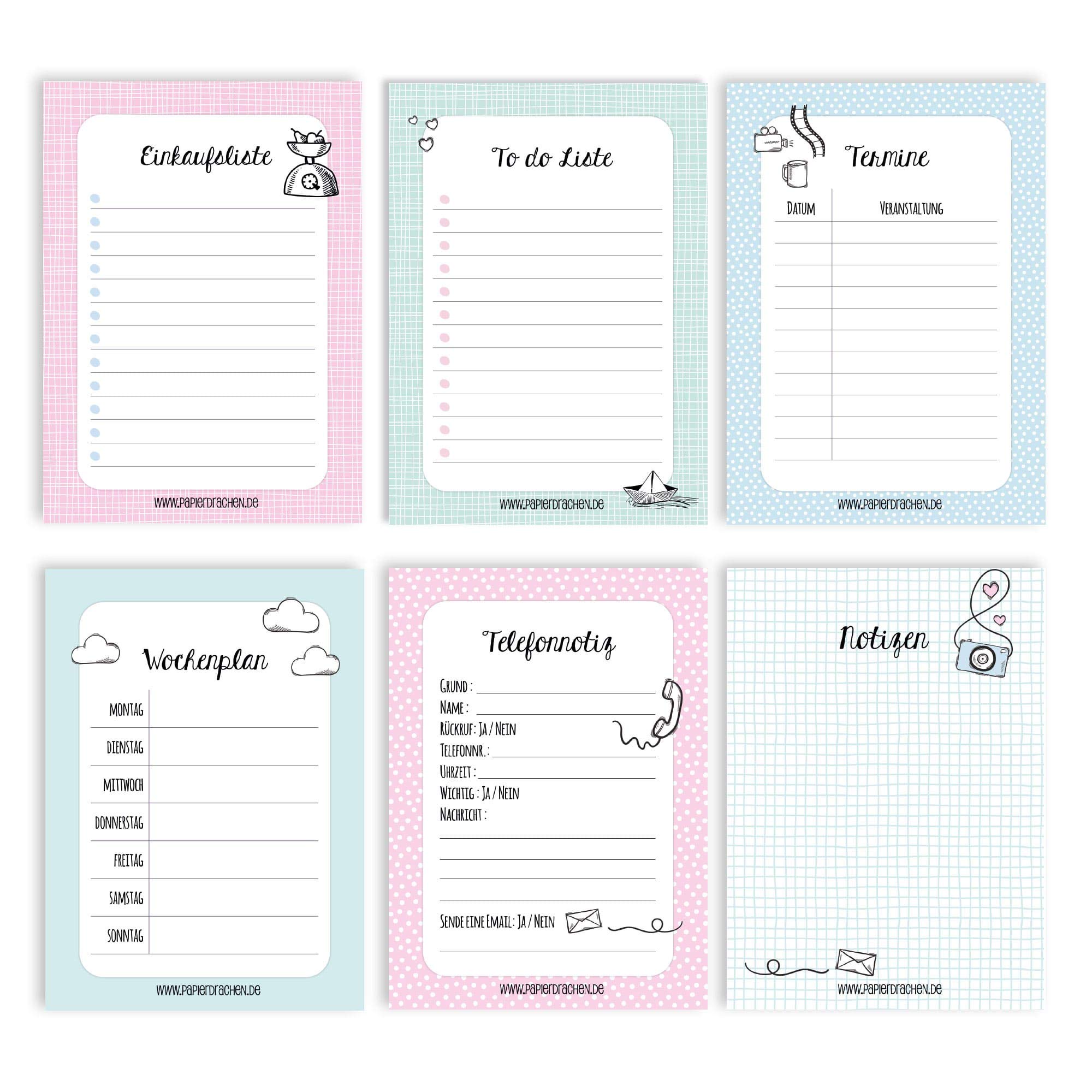 Papierdrachen 6 Pastel A6 Notepads for Appointments, Weekly Planner, To Do List, Shopping Lists and Notes - Notepad Set 5