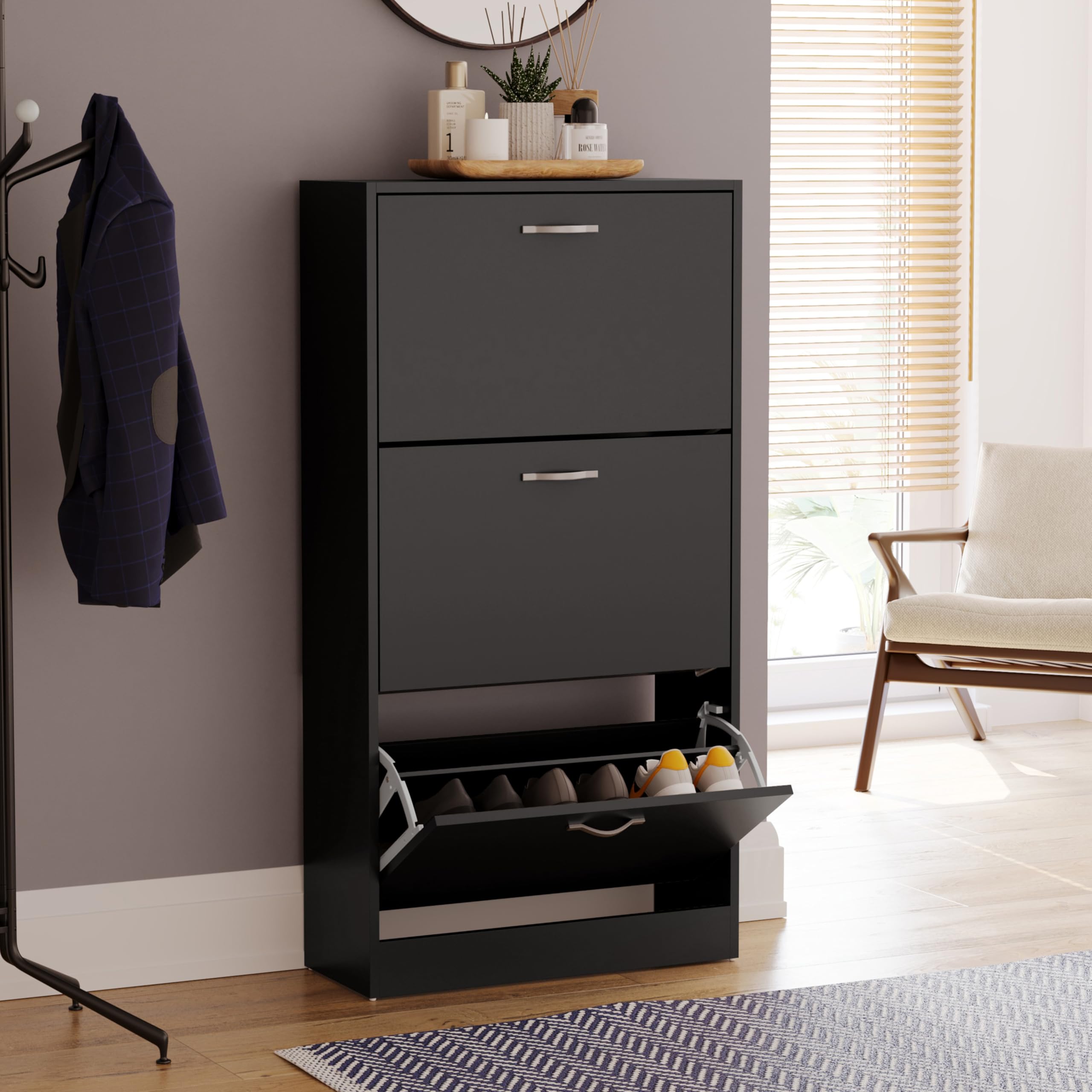 Vida Designs Shoe Cabinet, Wooden Shoe Storage Unit with 3 Pull-Down Drawers, Multifunctional Dust-Proof Space-Saving Slim Cupboard for Hallway or Entryway (Black)