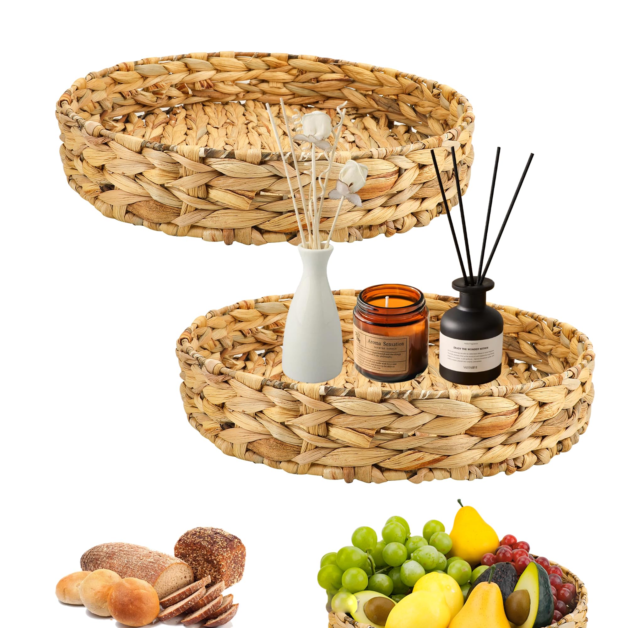 YKUKIZEE 2 Pack Round Water Hyacinth Serving Trays, Handmade Water Hyacinths Woven Storage Baskets Natural, Shallow Water Hyacinth Rattan Serving Tray for Breakfast Coffee Dining Bread Fruit 32, 28 cm