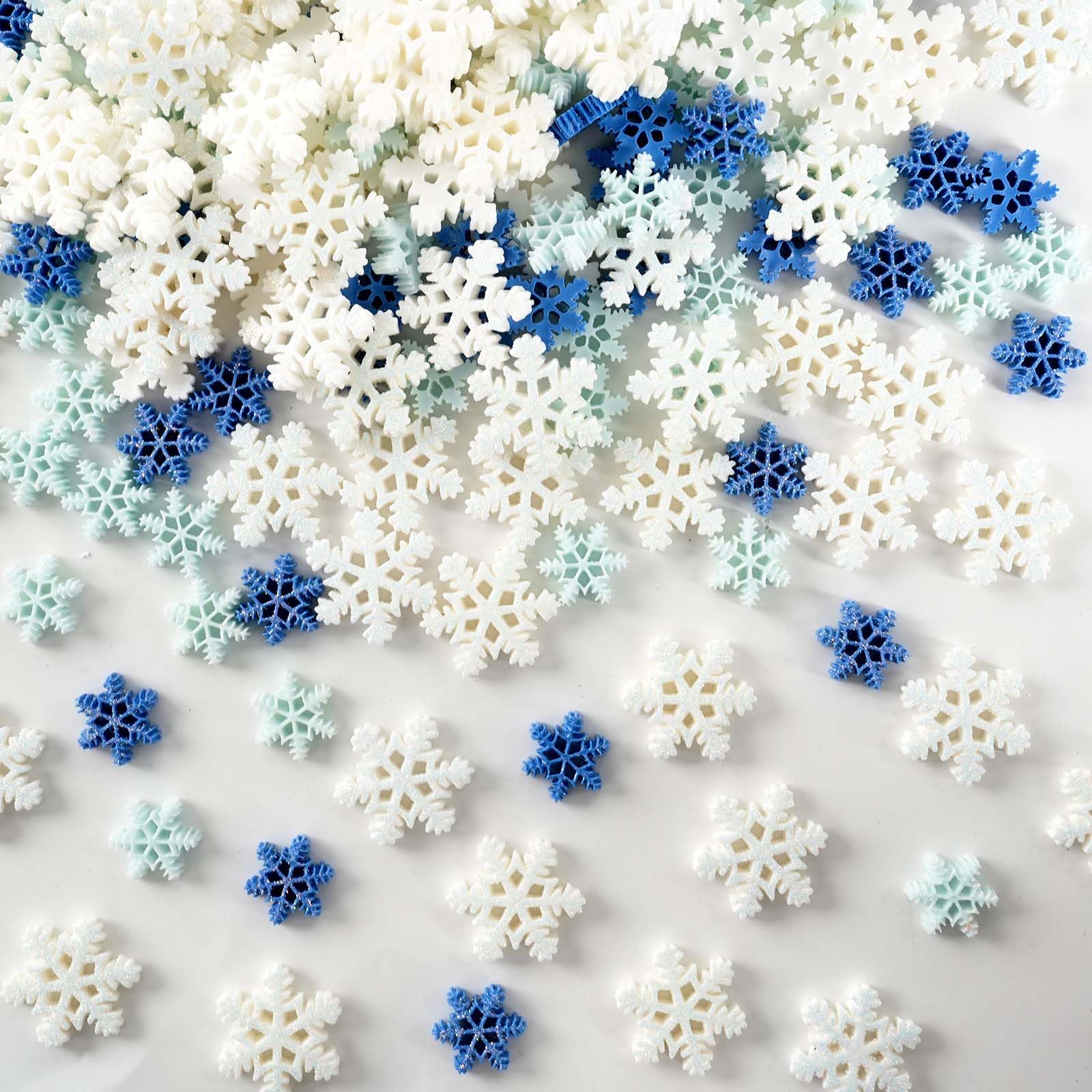 Photo 1 of 100Pcs Mini Snowflake Ornament Christmas Decorations- Glitter Resin White and Blue Snowflakes Christmas Craft Embellishment for DIY Craft Xmas Tree Winter Party Table Decor (3 Sizes)