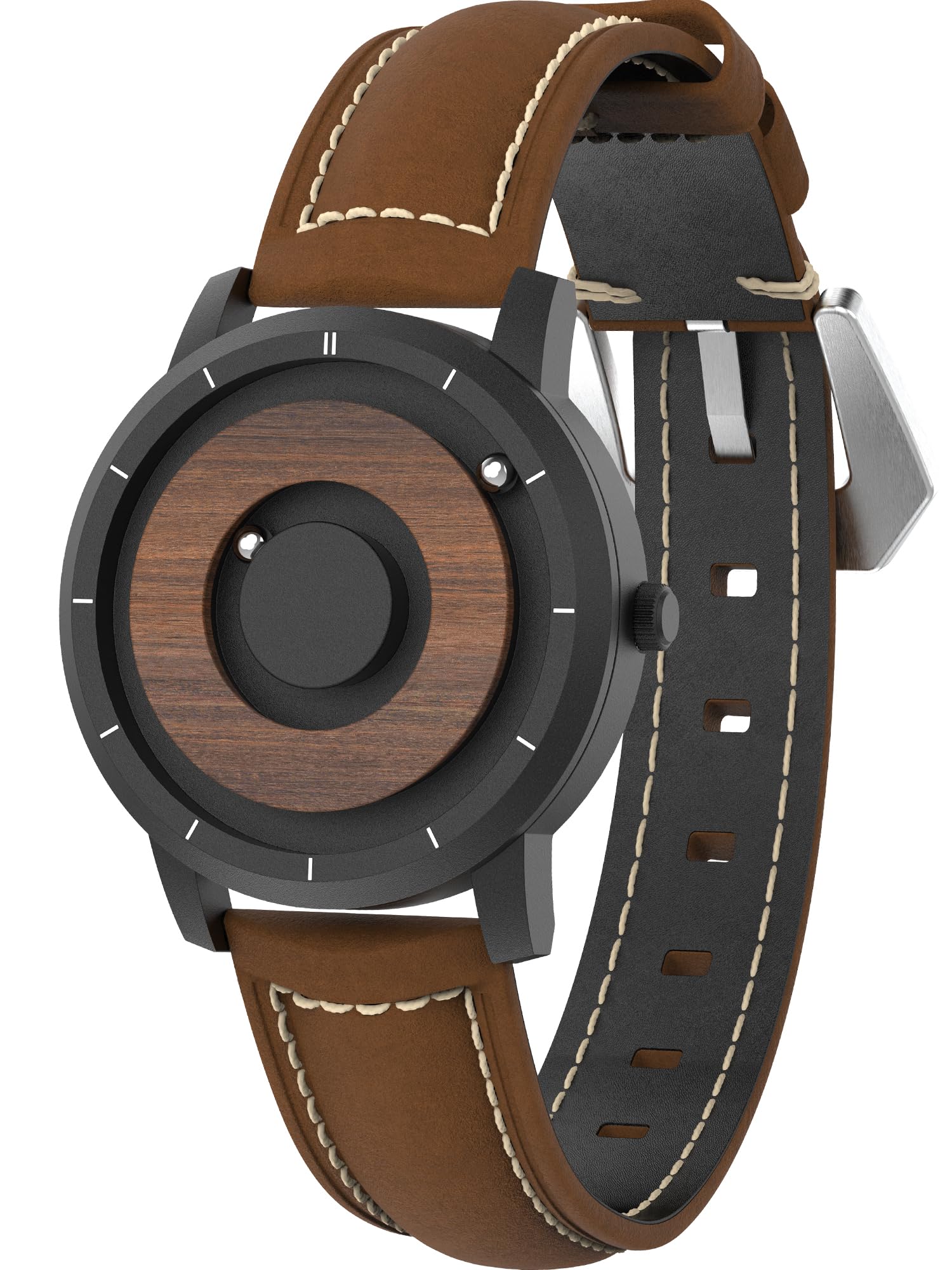 EUTOUR Mens Watches Men Wooden Watches Magnetic Watch Analogue Mens Swiss Quartz Watch Natural Wood Case Stainless Brown Leather Strap