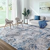 AUKOW Washable Area Rug for Living Room: 8x10 Modern Abstract Neutral Soft Rug for Bedroom Dining Room No Slip Low Pile Carpet for Nursery Home Office - Grey/Blue