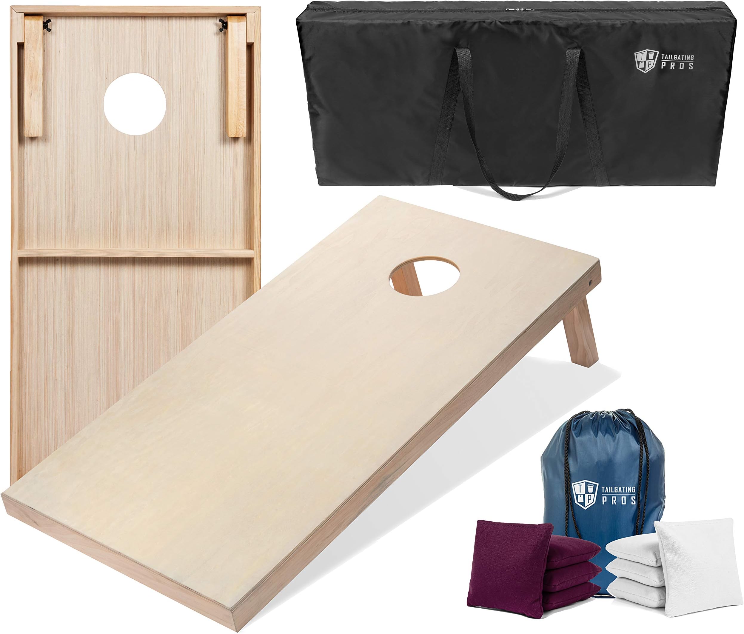 Tailgating Pros Cornhole Boards - 4'x2' & 3'x2' Cornhole Game w/Carrying Case & Set of 8 Corn Hole Bags - 150+ Color Combos! Optional LED Lights