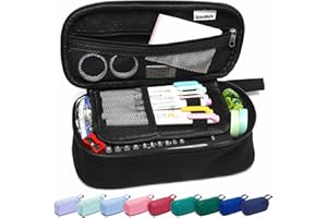 SPACEMATE Pencil Case Pouch Box Bag School Supplies Girls Boys Kids, Cute Preppy Stuff Large Big Capacity Aesthetic Pen Organizer, Back to College Stationary, Coal Black, Heavy Duty Canvas, 1800ml