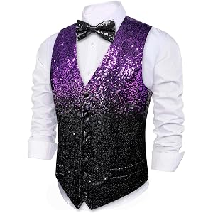 Barry.Wang Mens Sparkle Sequin Vests Bowtie 2PCS 70s Prom Disco Shiny Vest | Men Formal Party Sequins Waistcoat 80s Disco;Chr