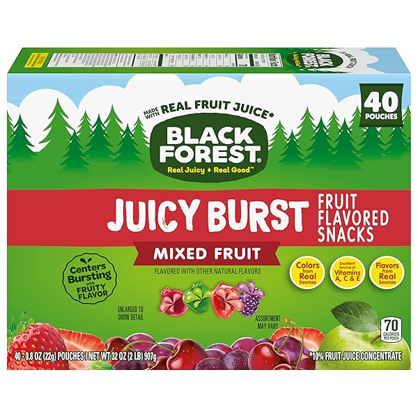 BLACK FOREST, JUICY BURST, FRUIT FLAVORED SNACKS, MIXED FRUIT FLAVORS, A JUICY BURST OF NATURAL FLAVORS, MADE WITH REAL FRUIT JUICE, 0.8 OZ 40 CT