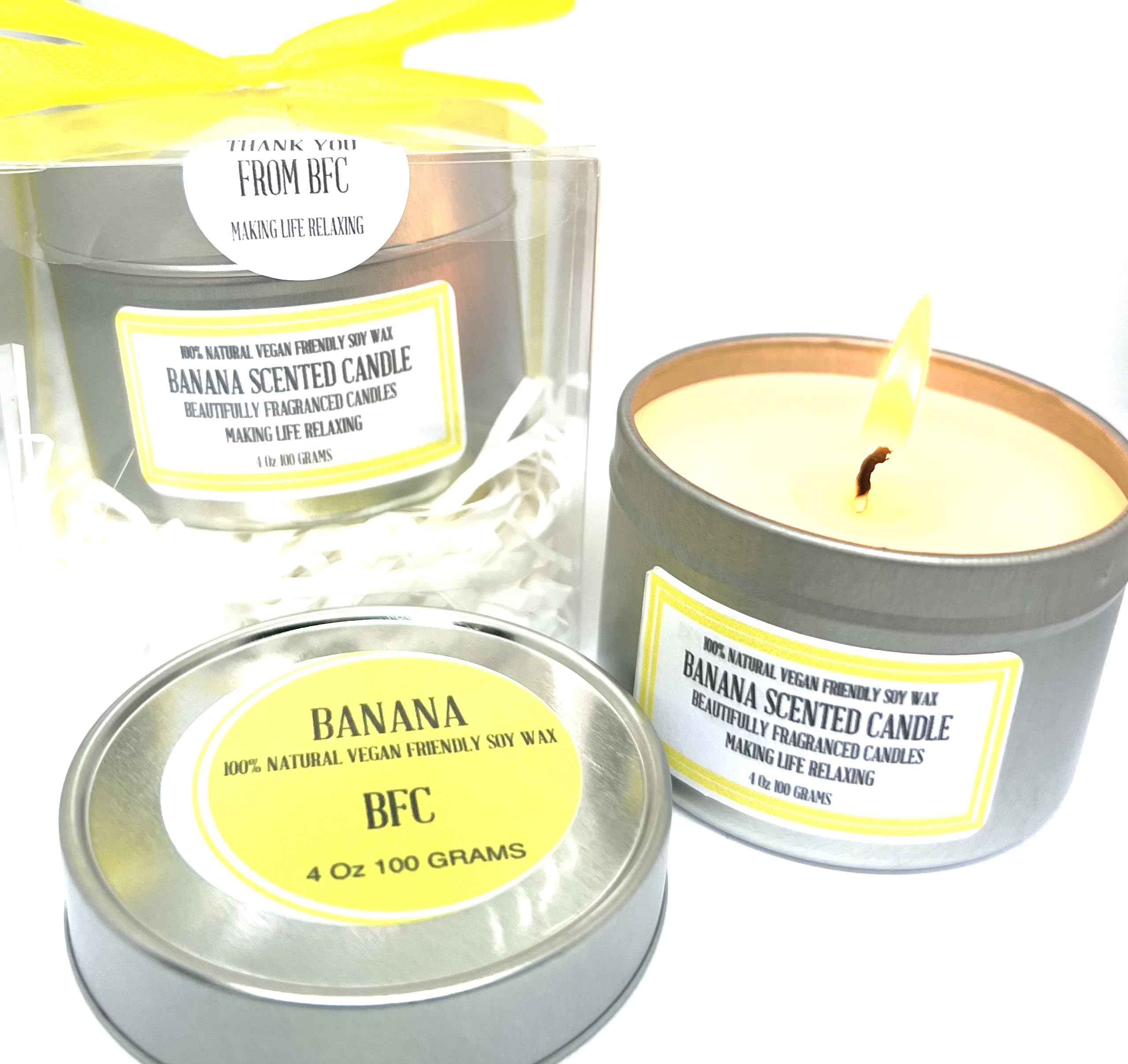 Banana Scented Soy Wax Candle - Handmade BFC - Banana Scented 28 Hours Burn Time 4 Oz 100 Grams Soy Wax Candle Silver Brush Finish Tin. Shipping on 48 Hour Tracked Service