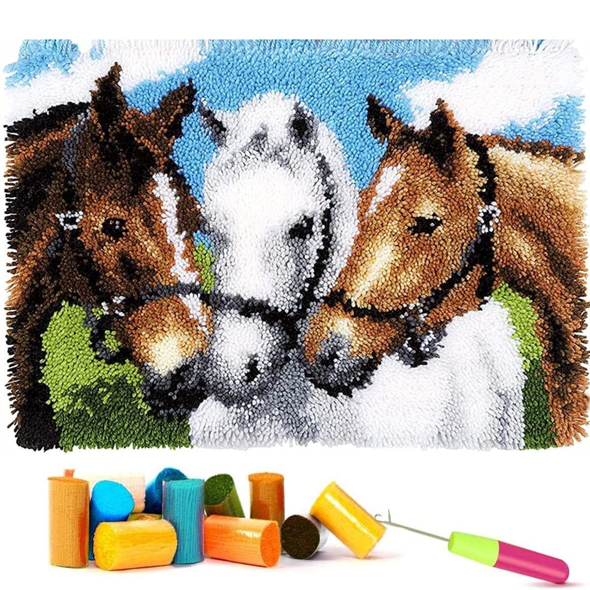 EMISTEM Latch Hook Kits for Adults - DIY Latch Hook Rug Kits for Kids, Crochet Kit for Beginners, Rug Making Kits with Printed Canvas, Gift Packaging. (Three Horses,15x21) — image 1
