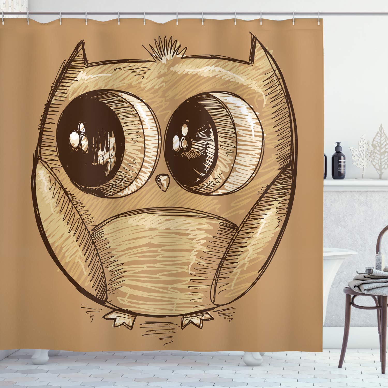ABAKUHAUS Nursery Shower Curtain, Owl Sketch with Realistic Eyes and Very Tiny Feet Cartoon Style Drawing Print, Cloth Fabric Bathroom Decor Set with Hooks, 175 x 220 cm, Light Brown