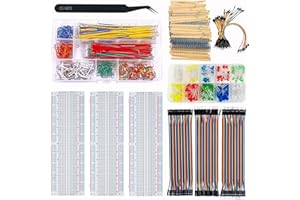 ELOOGAA Arduino Project Breadboards Kit,3Pcs 830 Points Breadboards,560Pcs U-Shape Jumper Wires,120Pcs 20cm Dupont Cables,65Pcs Flexible Wires,200Pcs 3mm&5mm LED Light,600Pcs Resistors,Tweezer