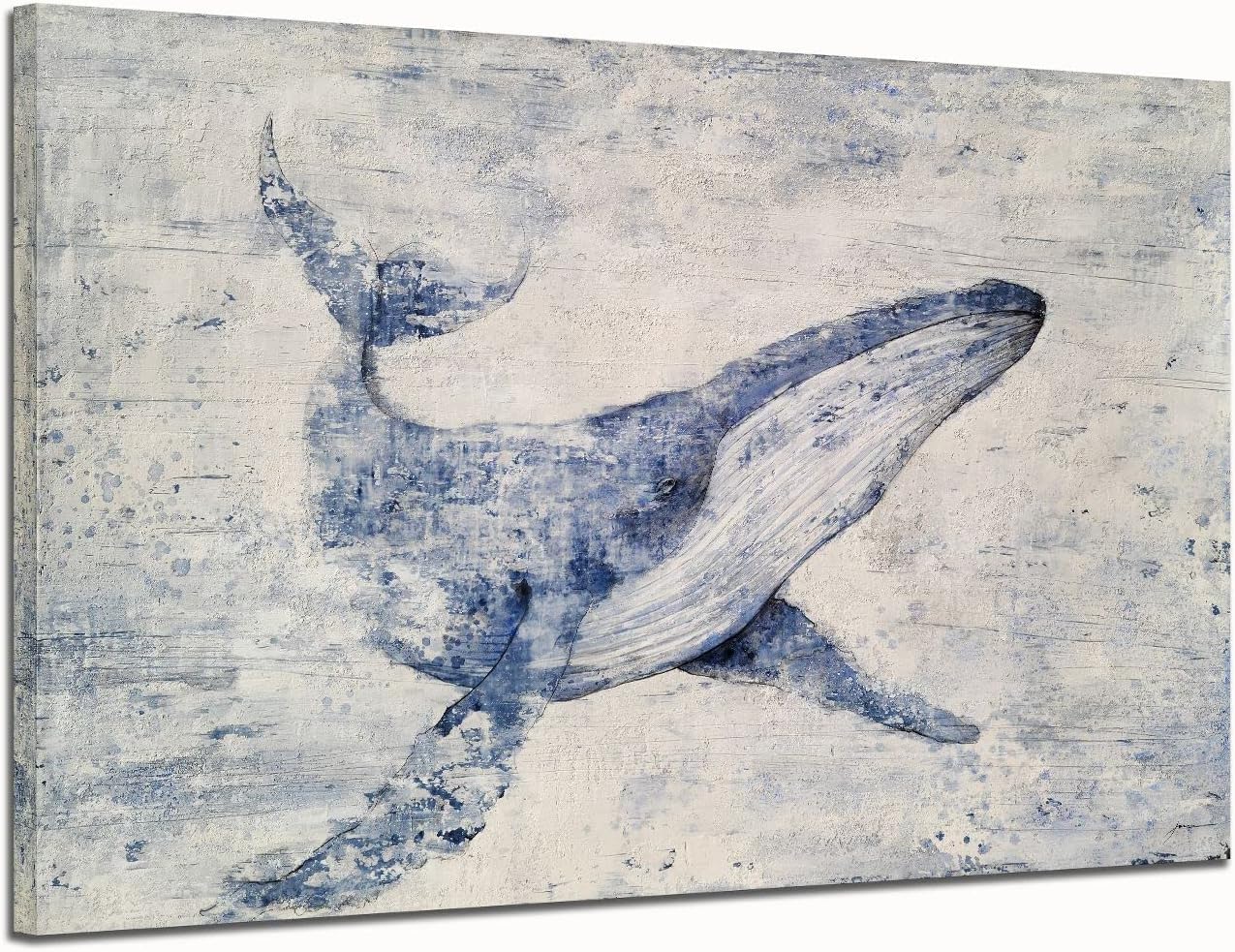 Paintings - Yihui Arts Fish Canvas Wall Art Hand Painted Lovely Whale Paintings Modern Coastal Pictures in Blue and White Color Abstract Animal Artwork for Living Room Bedroom Bathroom Decor