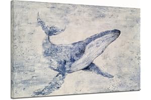 Yihui Arts Fish Canvas Wall Art Hand Painted Lovely Whale Paintings Modern Coastal Pictures in Blue and White Color Abstract Animal Artwork for Living Room Bedroom Bathroom Decor