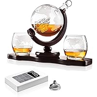 Chefoh Glass Globe Decanter Set w/ Whiskey Glasses, Reusable Stone Ice Cubes, Cherry Wood Stand, Tongs, Pour Funnel…