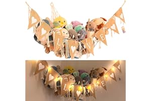 JONTELL Macrame Stuffed Animal Net or Hammock with Light Boho Hanging Squishmallow Net Toy Hammock for Stuffed Animals Storage Ideas Plushie Net Hammock Stuffy Animal Holder Organizer for Nursery Bedroom