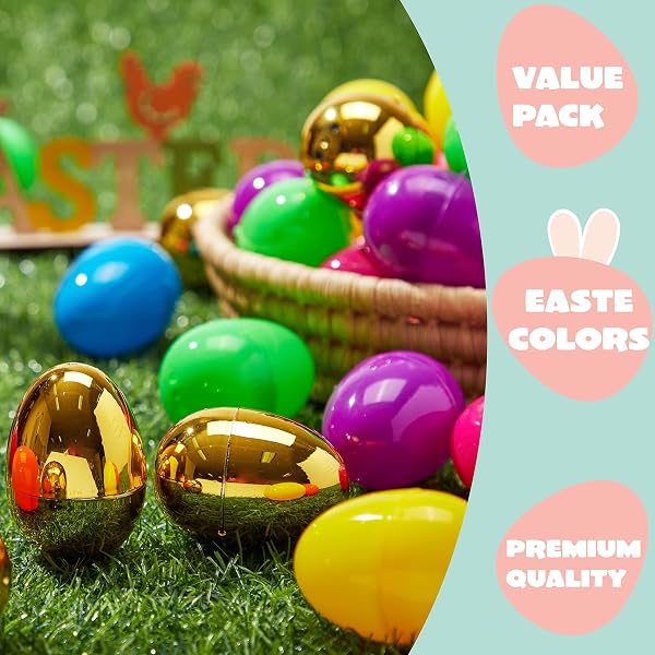 JOYIN 200PCS EASTER EGGS, EMPTY 2.3″ 194PCS COLORFUL WITH 6PCS GOLDEN EGGS BULK PLASTIC FILLABLE FOR EASTER HUNT PARTY FAVOR BASKET STUFFERS FILLER CLASSROOM PRIZE SUPPLIES DECOR
