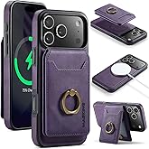 Wallet Case for iPhone 17 Pro Max, 2 in 1 Strong Magnetic Detachable, Shockproof Phone Case Compatible with MagSafe, Slim Leather Wallet RFID Blocking 5-Card Holder Ring Grip Stand (Purple)