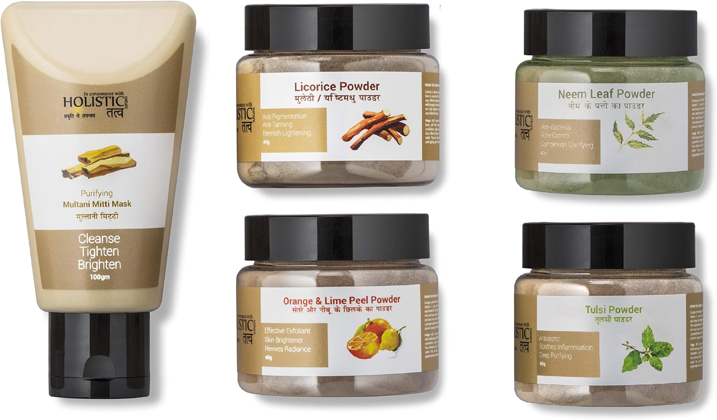 Holistic Tatv All Herbs Neem Powder + Licorice Powder + Tulsi Powder + Orange & Lime Peel powder combo for complete skin care solution. 100% Plant derived No Chemicals No Additives No Preservatives