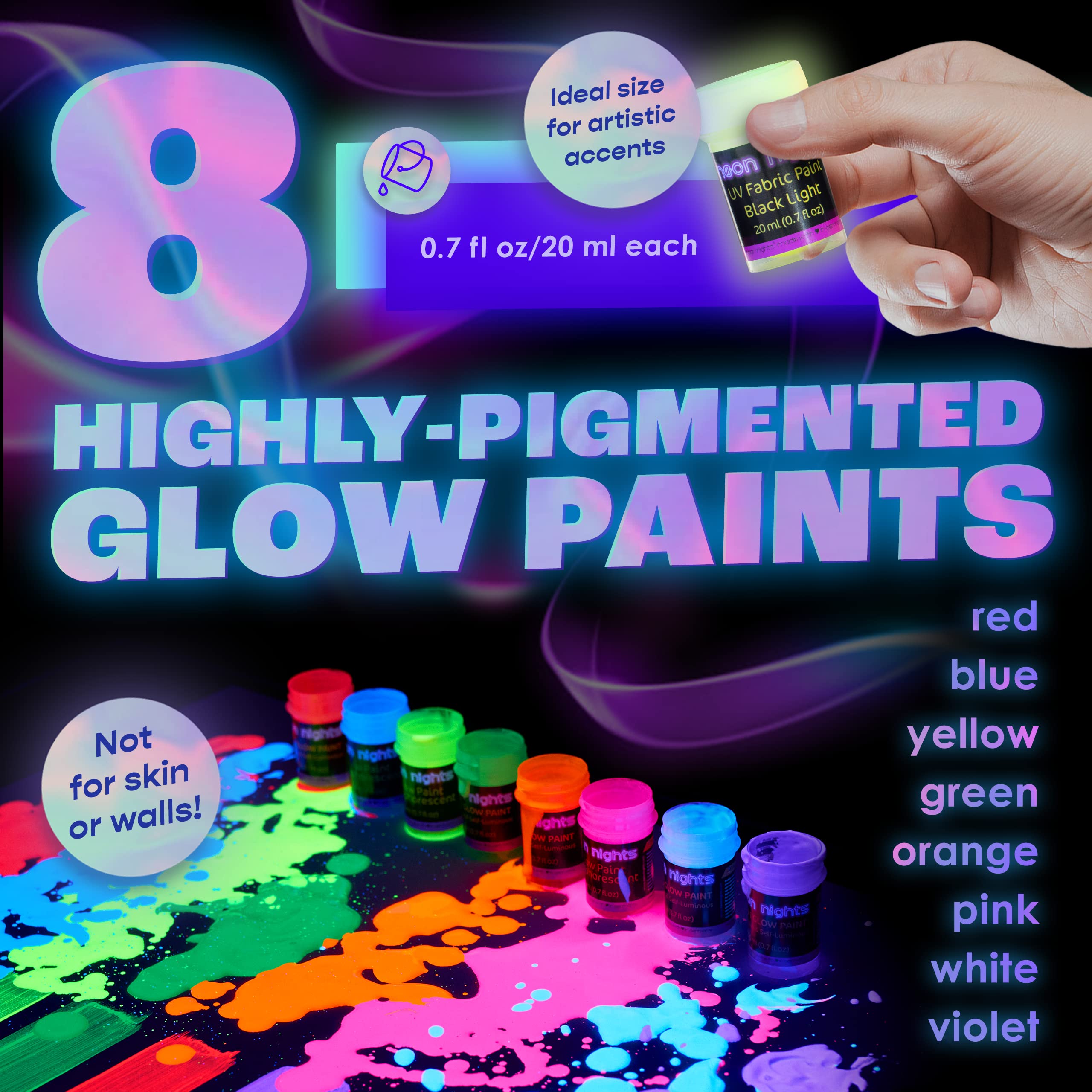 Glow in The Dark Fabric Paint - Pack of 8 Neon Fabric Paint Colors for Clothes & Textiles - UV and Blacklight Clothing Paint for Halloween Costumes, Easter Egg Painting Decoration - 20 mL