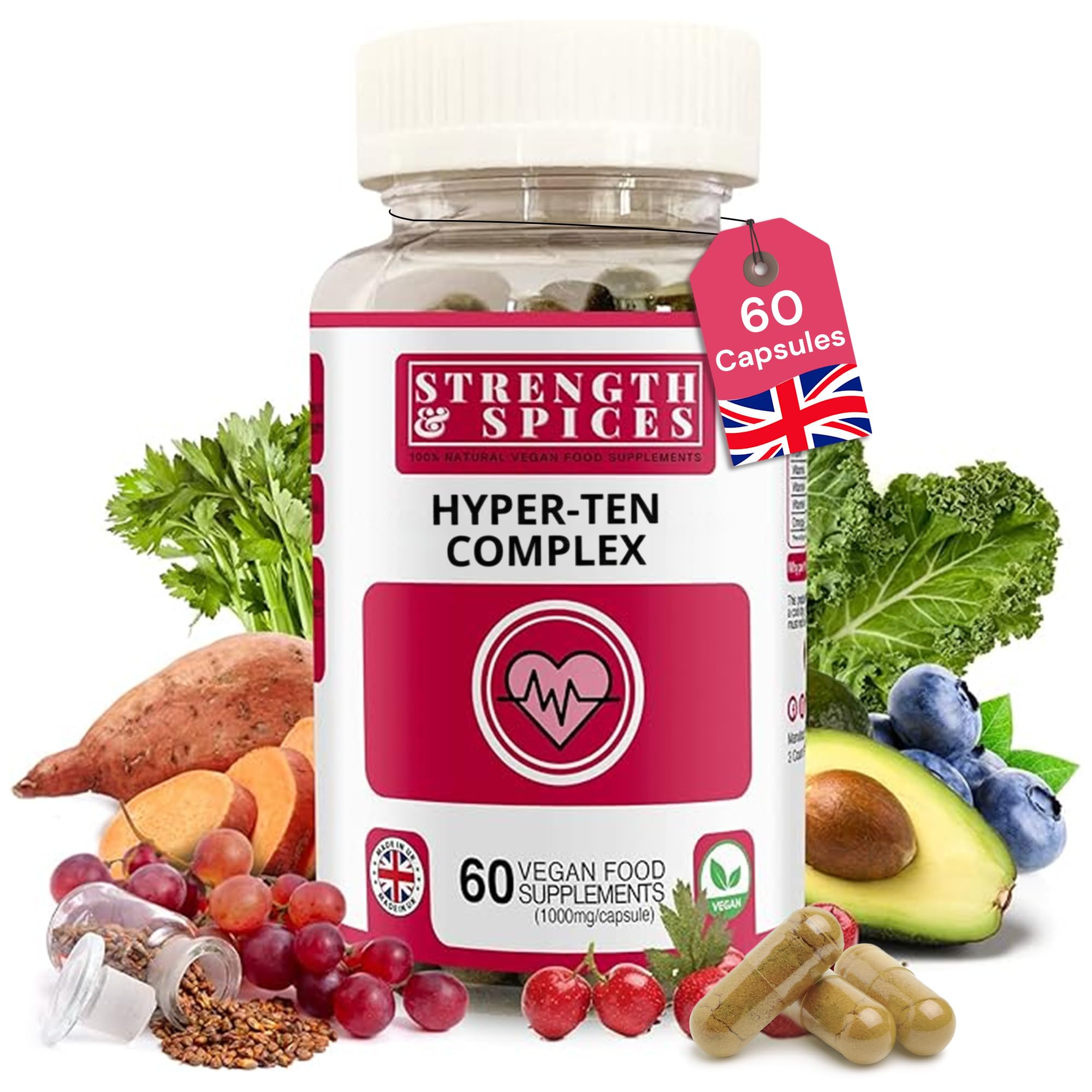 Strength & Spices Blood Pressure Aid, Immune System Booster Herbal Supplements, Blood Pressure Tablets with 15 Natural Ingredients Including Hawthorn Berry and Grape Seed, 1000 mg, 60 Capsules