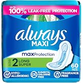 Always Maxi Feminine Pads with Wings for Women, Size 2, Long Super Absorbency, Unscented 60 Count