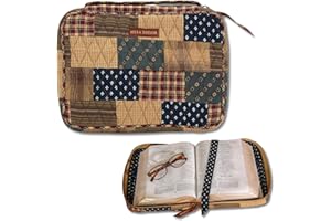 Bella Taylor Bible Cover for Women | Bible Organizer and Carrying Case for Medium and Large Bibles | Quilted Cotton Primitive Patch Navy, Red and Tan Patchwork