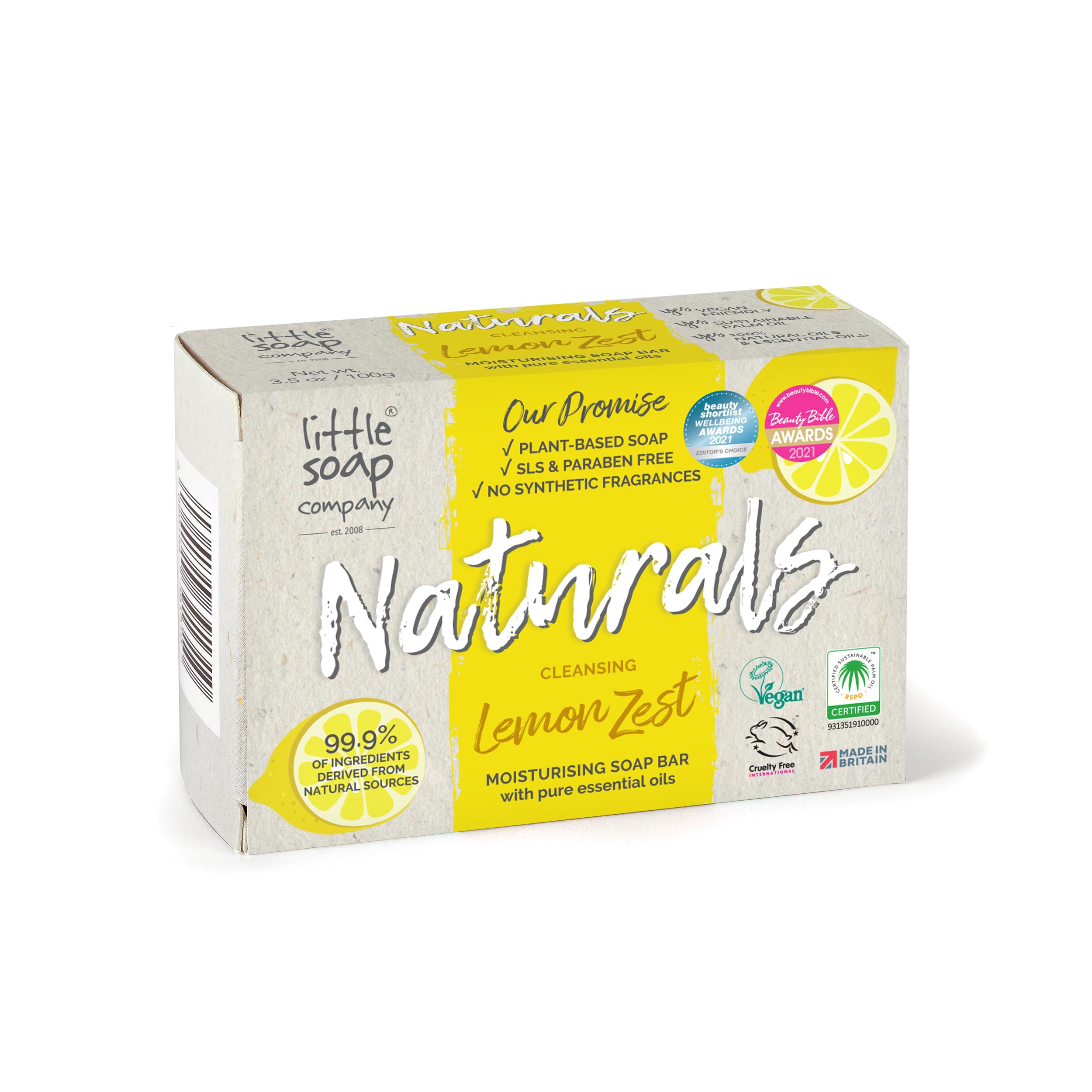 Little Soap Company Natural Range - Lemon Zest Soap Bar, 100g | Vegan, Cruelty Free & Antibacterial, No SLS or Parabens | Eco Friendly Body, Face & Hand Soap with Cleansing Lemon Essential Oils