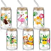 Layhit 6 Pcs Summer Party Drinking Glass Cups Can Shaped Tropical Iced Coffee Glass Cups with Lids and Straws for Hawaiian Luau Summer Beach Pool Holiday Drinkware Beverage Juice(Hawaiian)