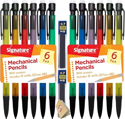 SOL 12pk Mechanical Pencils 0.7mm HB Lead with Eraser 24 Refills Six Colors