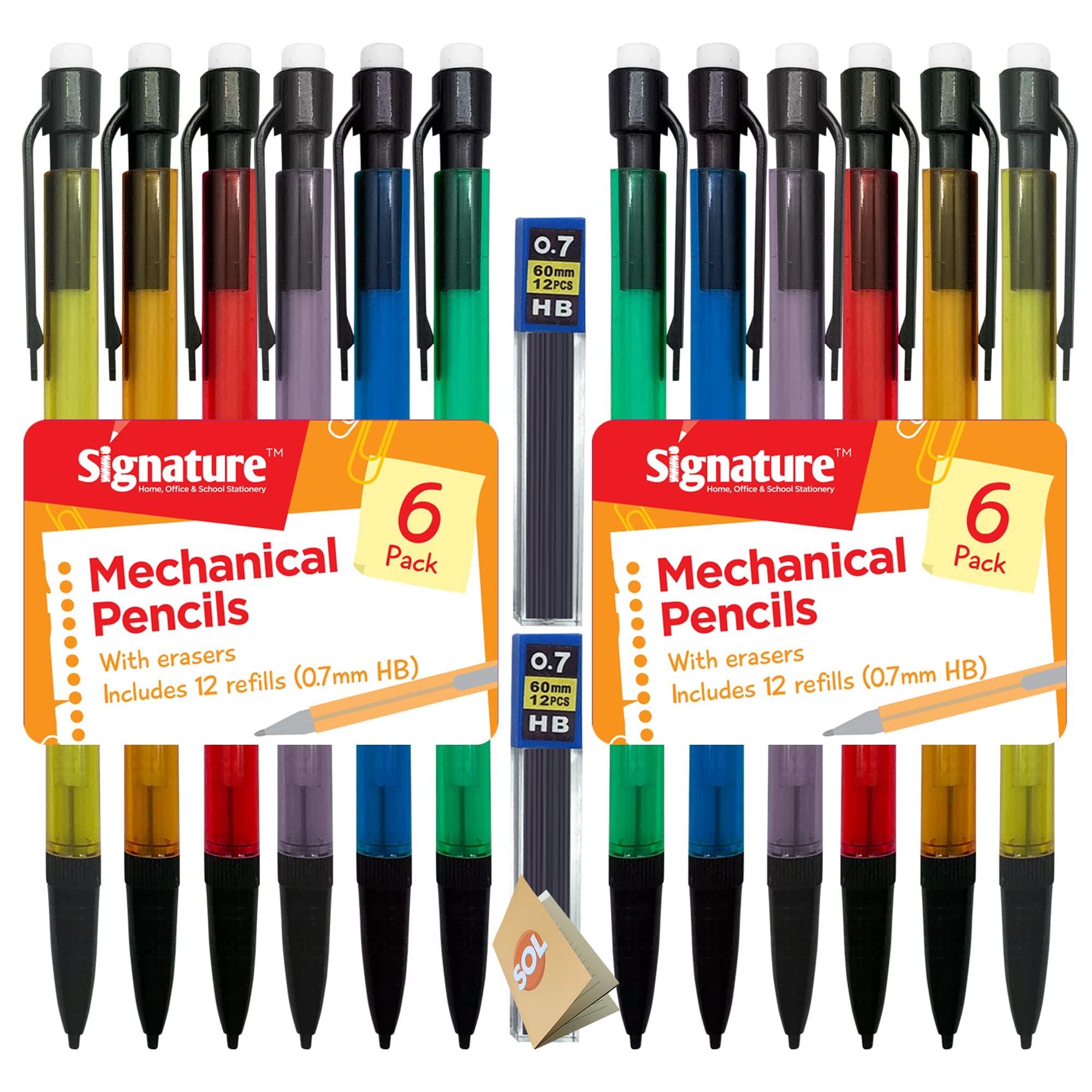SOL 12pk Mechanical Pencils with Built-In Eraser - 0.7mm HB Lead Propelling Pencils, Includes 24 Refill Leads for Extended Writing, Durable and Comfortable, Ideal for Precise Writing and Drawing
