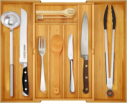 Amazon Com Uncluttered 5 Compartment Bamboo Cutlery Organizer