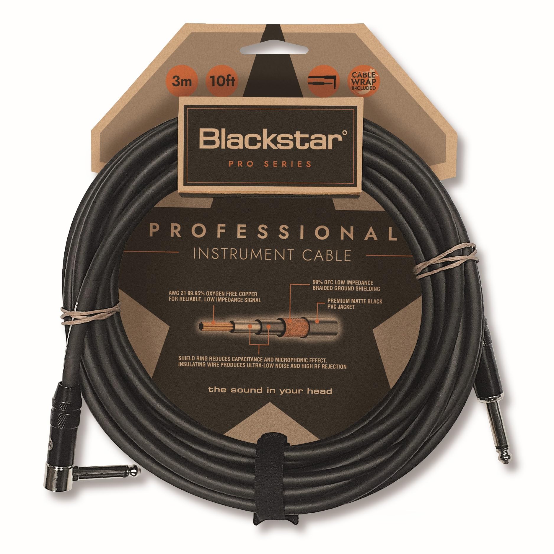 Blackstar Pro Series 3 m (10 ft) instrument cable ¼” straight connector to ¼” angled connector for bass/electric guitar/electroacoustic/keyboard/amplifier