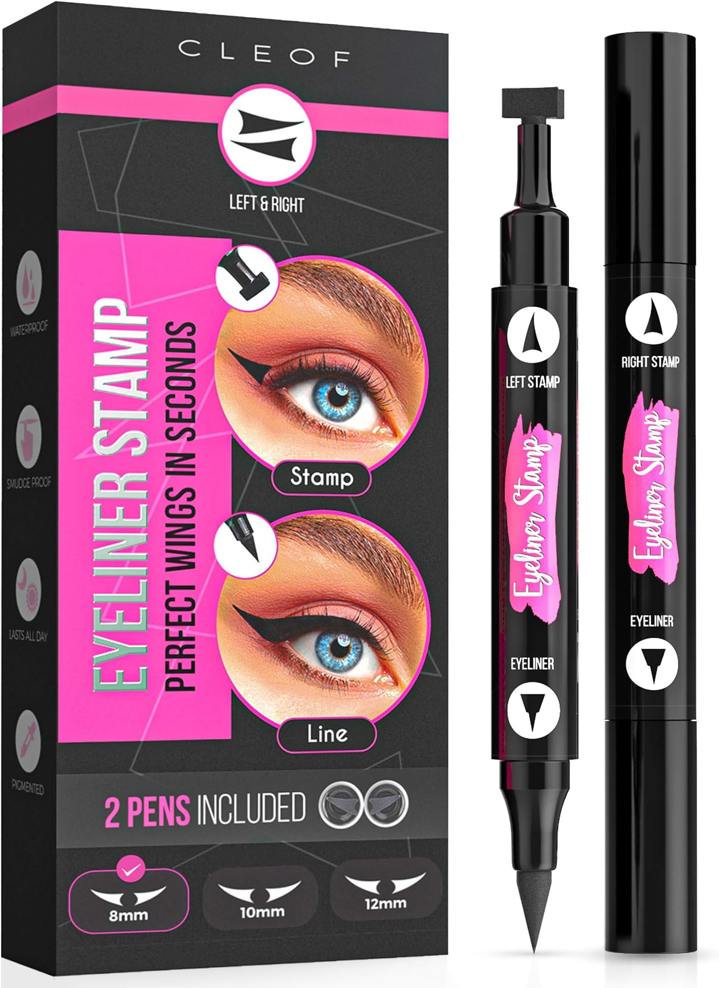 Eyeliner Stamp – Winged Eyeliner in Seconds – Easy to Use, Waterproof & Smudge Proof, Long Lasting Liquid Black Eye Liner Pen, Cruelty Free, Vegan & Paraben Free - for Perfect Cat Eyes - Sleek (8 mm)