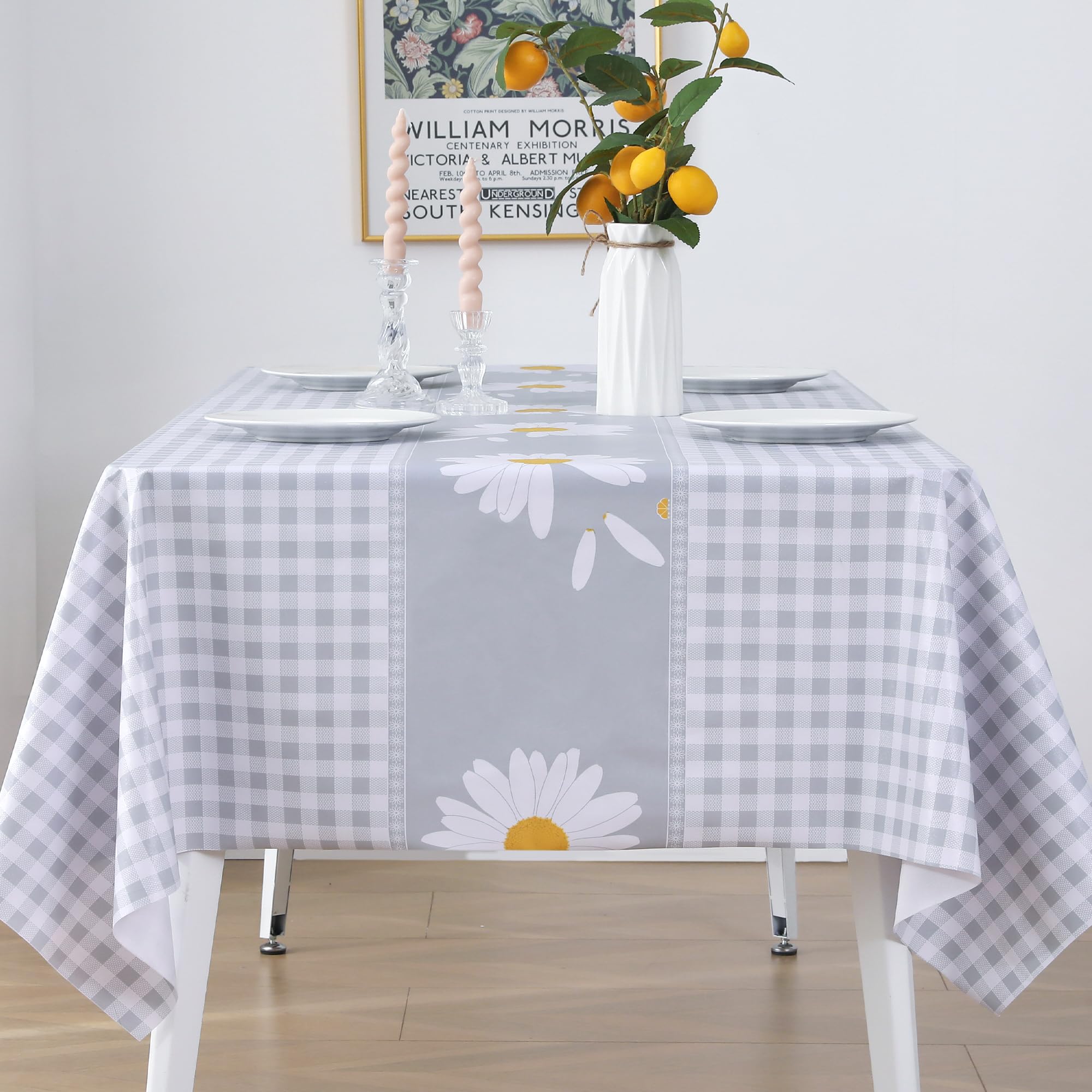 Rayapot Square Table Cloth PVC Wipe Clean Tablecloth Wipeable Plastic Vinyl Stain Resistant Waterproof Oil-proof Spill Proof Table Cover Protector for Kitchen Dining - Daisy Plaid - Grey - 140x140cm