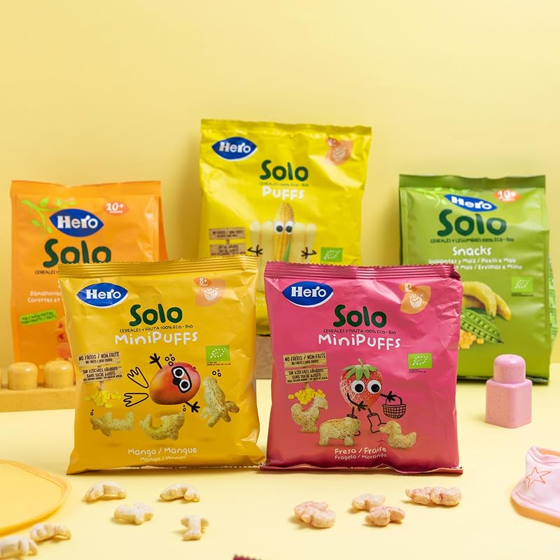 Hero Solo Bio Minipuff Snacks de Fresa Bebé Desde 8 Meses, 10 x 18 g