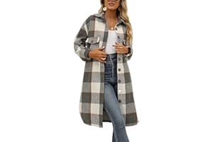 SeekMe Women's Long Plaid Shirt Jacket Shacket Lapel Button Down Woolen Blend Casual Tartan Over Shirt Trench Coat