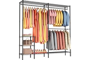Golpart Heavy Duty Clothes Rack L-Shaped Garment Rack Free-Standing Closet Portable Clothing Rack for Hanging Clothes, Adjustable Metal Modern Wardrobe Closet with Shelves, Max Load 750LBS, Black