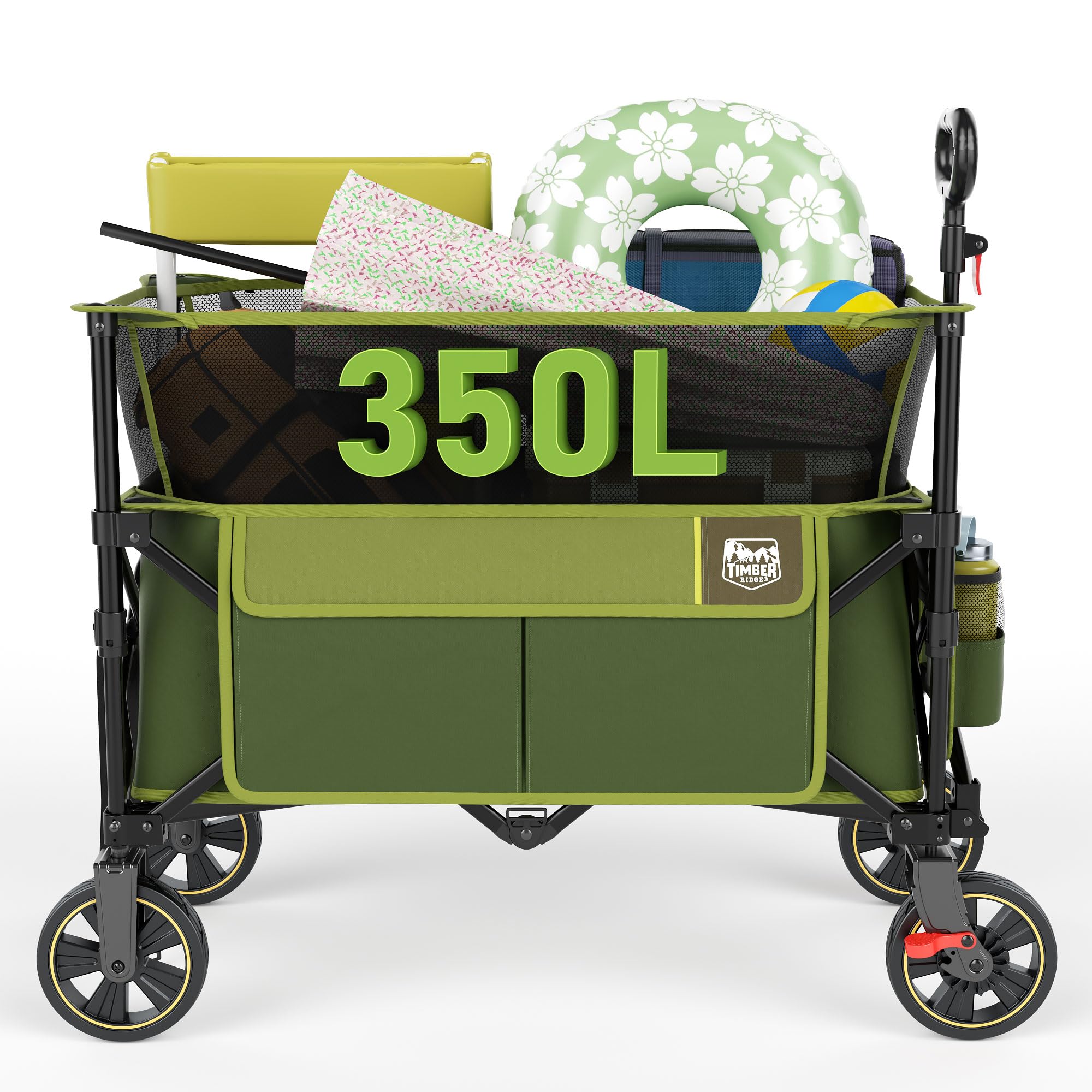 Timber Ridge Collapsible Folding Wagon 350L Extra Large with Brake, Heavy Duty Camping Utility Cart Outdoor, Extended Height Adjustable Handle, Cup Holders, Side Bag, Green Image
