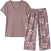 Vozanet Women's Pajamas Set Soft V Neck Sleepwear Top and Capri Pj Lounge Sets Cartoon Heart Shape Cat Nighty Plus Size