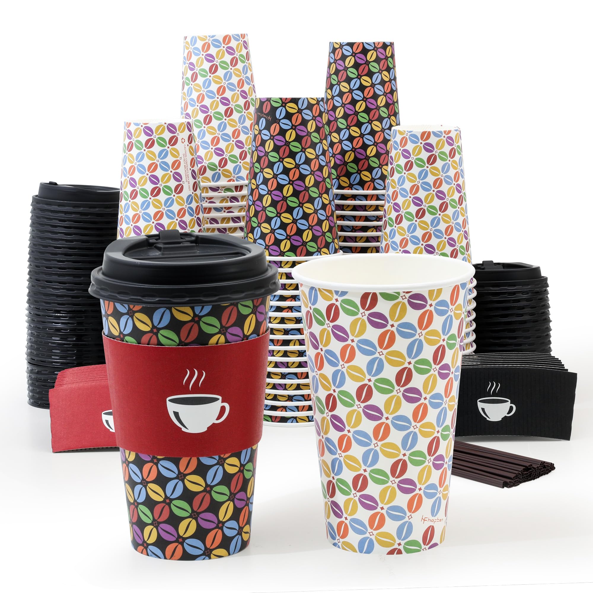 Photo 1 of 100 Pack 16 oz Paper Coffee Cups with Lids and Sleeves, To Go Paper Cups for Hot & Cold Beverage, Sturdy Thick Paper & Leak-free, Black & White Designs for Home, Business, Café, Juice or Tea.