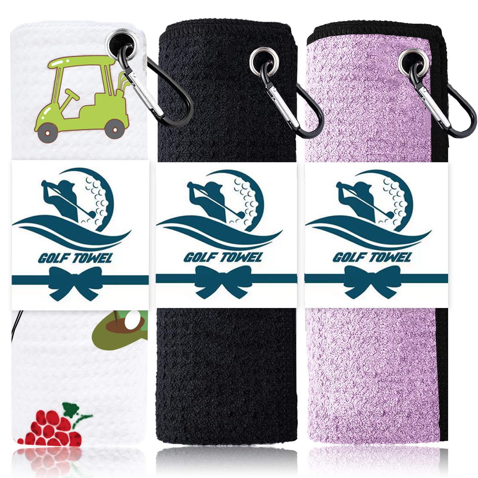 FINGER TEN 3 Pack Golf Towels Microfiber Waffle Pattern Tri-Fold 16“x16”with Heavy Duty Carabiner Clip, Golf Cleaning Towel Superior Water Absorption and Quick Dry (white+violet+dark)
