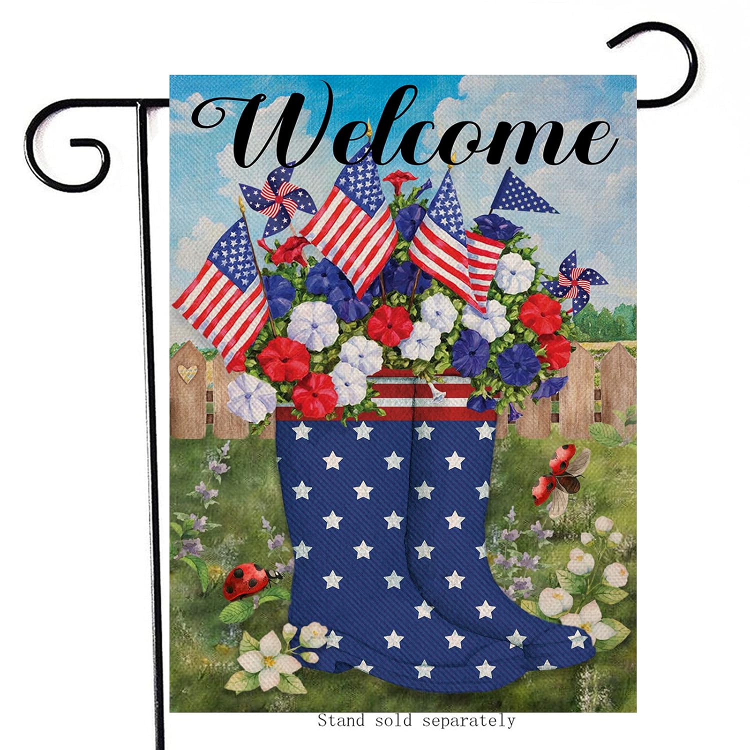 Artofy Welcome July 4th Decorative Garden Flag, House Yard American Boots Decor Ladybug Red White Blue Flower Outdoor Small Burlap Flag Double Sided, Summer Home Outside USA Patriotic Decoration 12x18