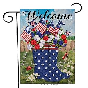 Artofy Welcome July 4th Decorative Garden Flag, House Yard American Boots Decor Ladybug Red White Blue Flower Outdoor Small Burlap Flag Double Sided, Summer Home Outside USA Patriotic Decoration 12x18