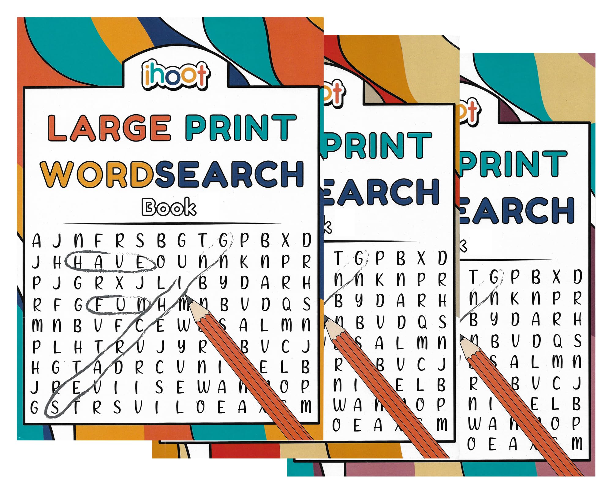 ihoot Pack of 3 Assorted A4 Large Print Word Search Books for Adults | Travel Games Puzzle Books for Adults | Word Games and Word Puzzles, Gifts for Partially Sighted People